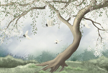 Fototapeta Strom v hmle s letiacim žeriavom ft 389626202